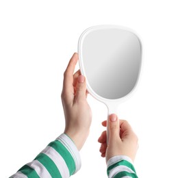 Photo of Woman holding small mirror on white background, closeup