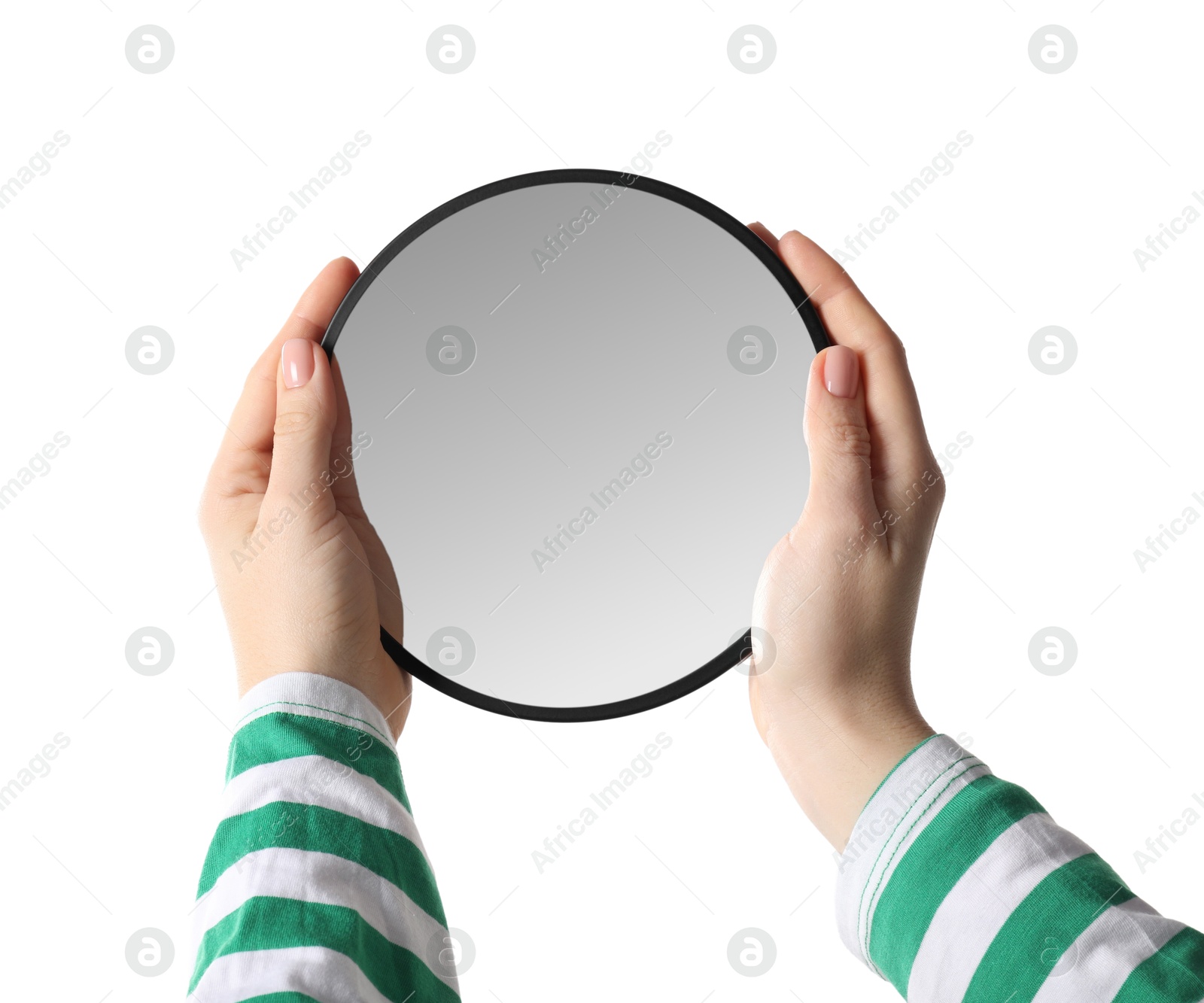 Photo of Woman holding round mirror on white background, closeup