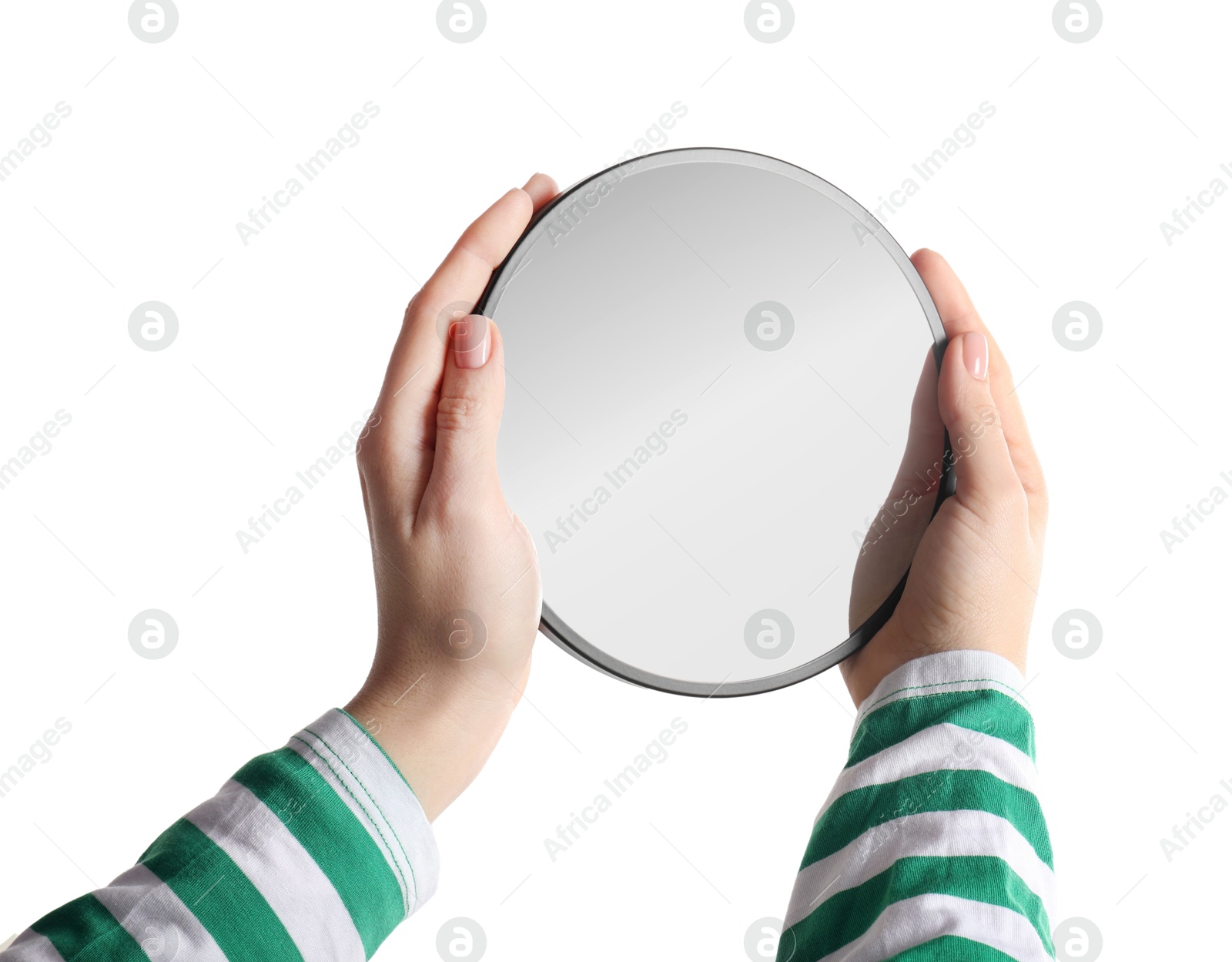 Photo of Woman holding round mirror on white background, closeup