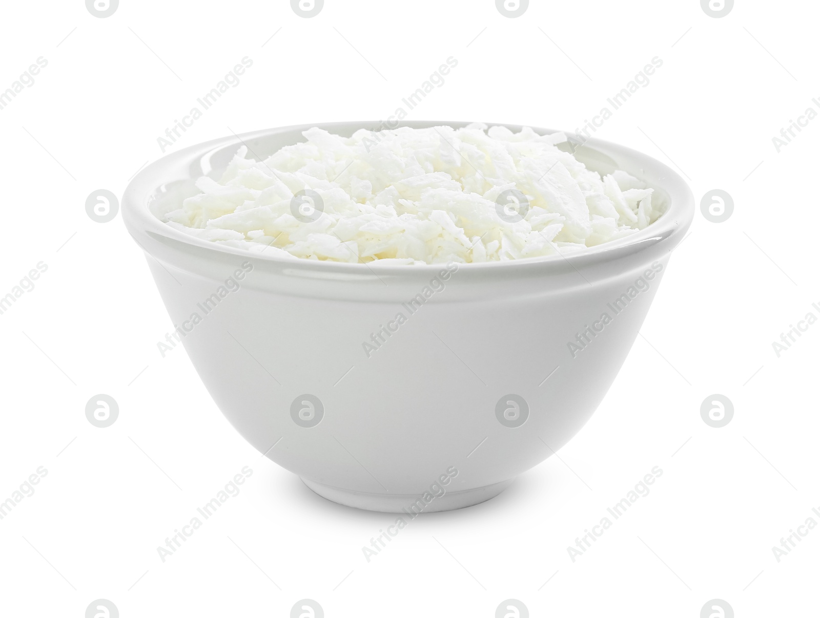 Photo of Soy wax in bowl isolated on white