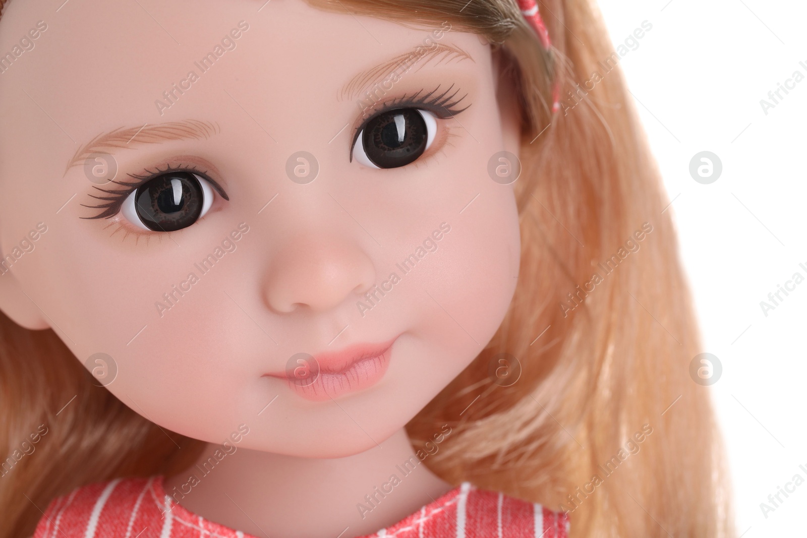 Photo of Beautiful doll isolated on white, closeup. Children's toy