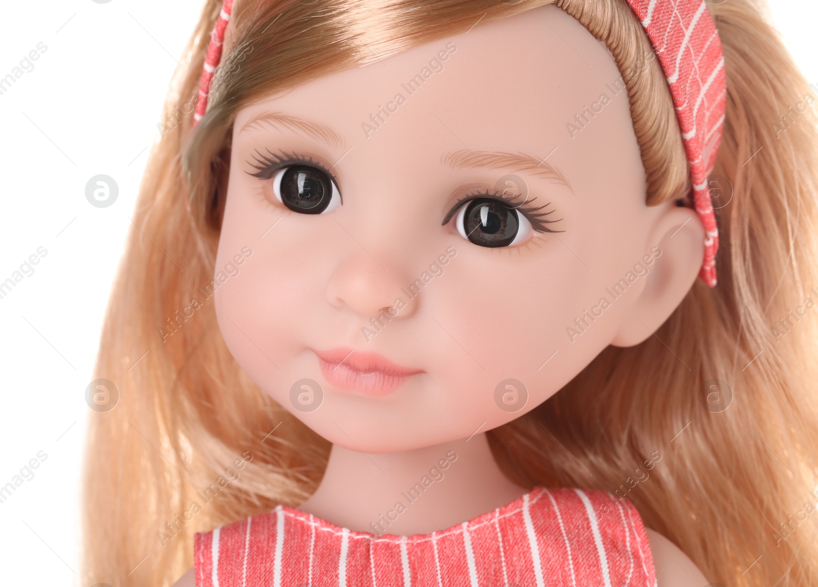 Photo of Beautiful doll isolated on white, closeup. Children's toy