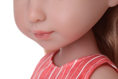 Beautiful doll on white background, closeup view