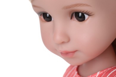 Photo of Beautiful doll on white background, closeup. Space for text