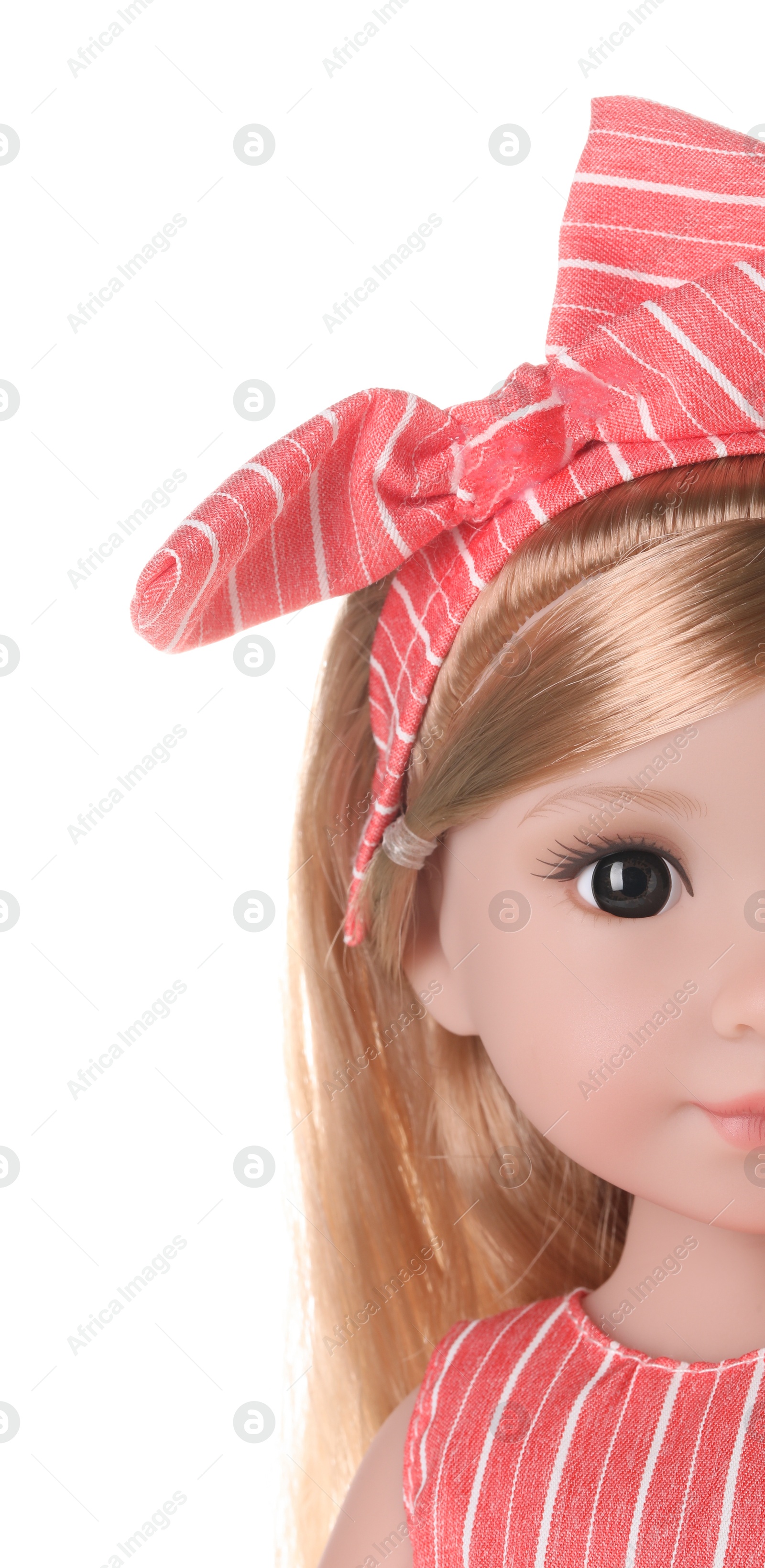 Photo of Beautiful doll with headband isolated on white, closeup