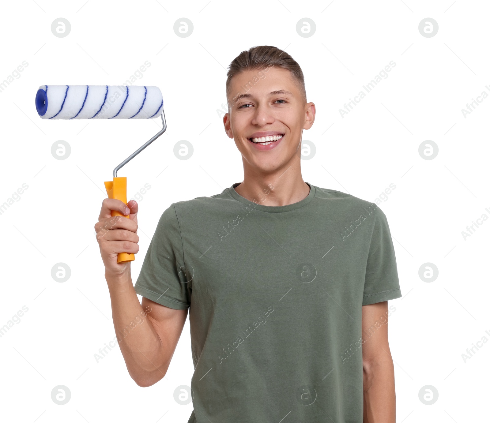 Photo of Portrait of young decorator on white background