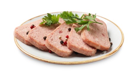 Photo of Tasty canned meat, parsley and peppercorns isolated on white