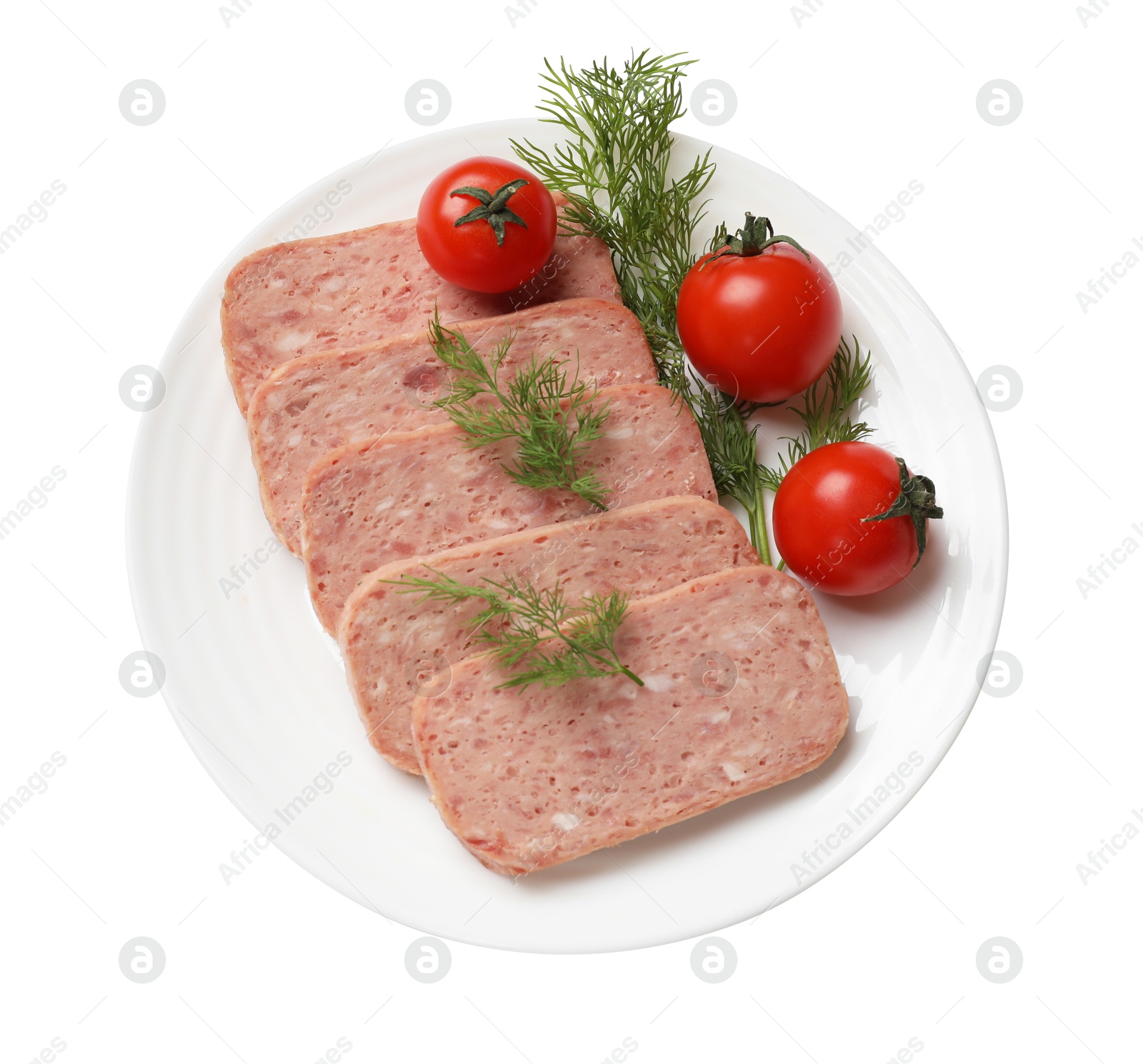 Photo of Tasty canned meat, tomatoes and dill isolated on white, top view