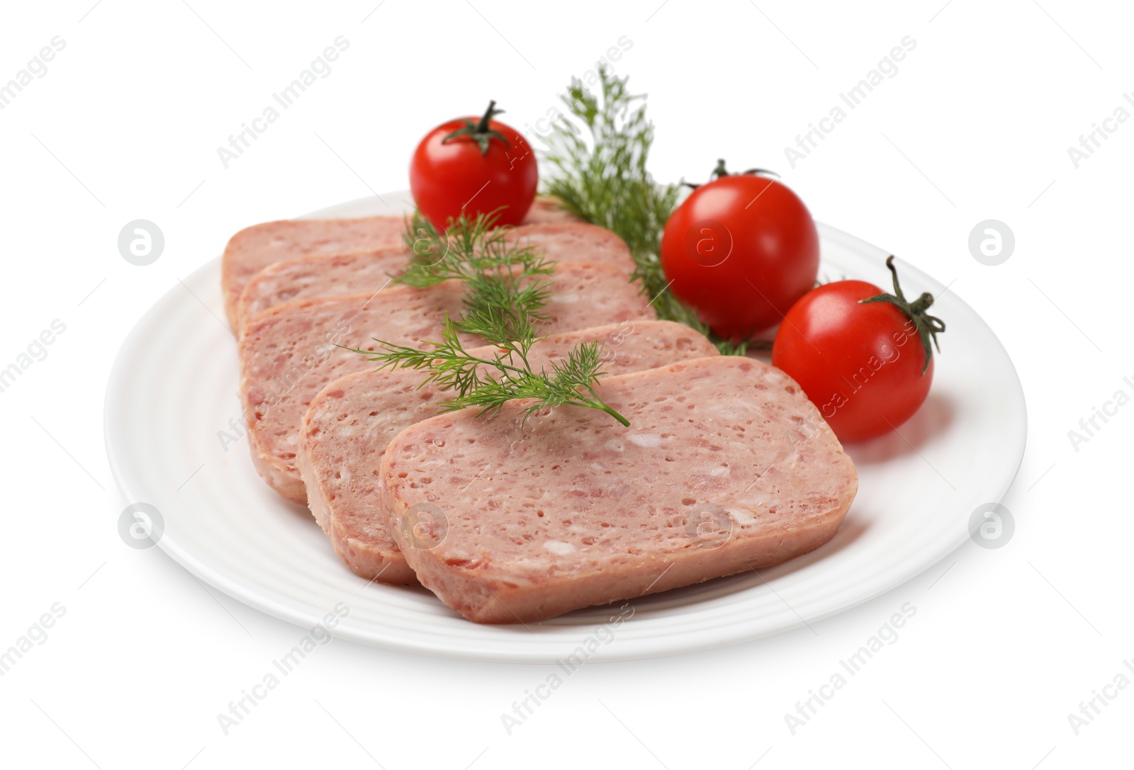 Photo of Tasty canned meat, tomatoes and dill isolated on white