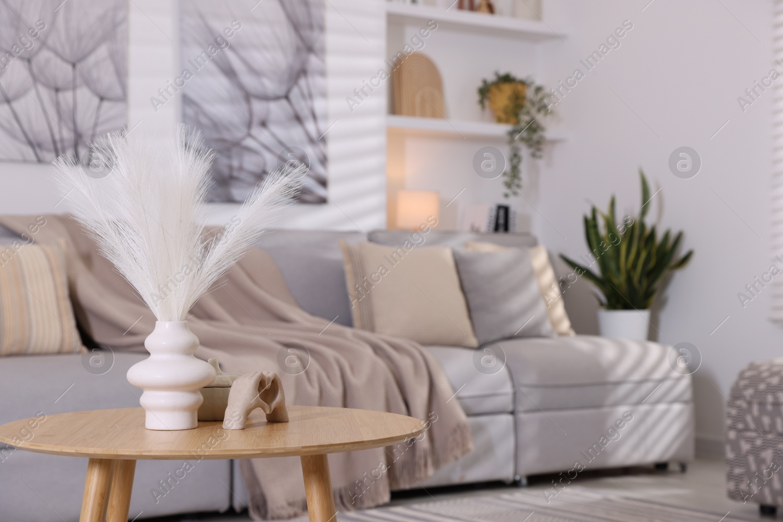 Photo of Decor elements on coffee table and comfortable sofa in living room. Interior design