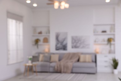 Photo of Modern living room interior. Comfortable sofa and other furniture indoors, blurred view