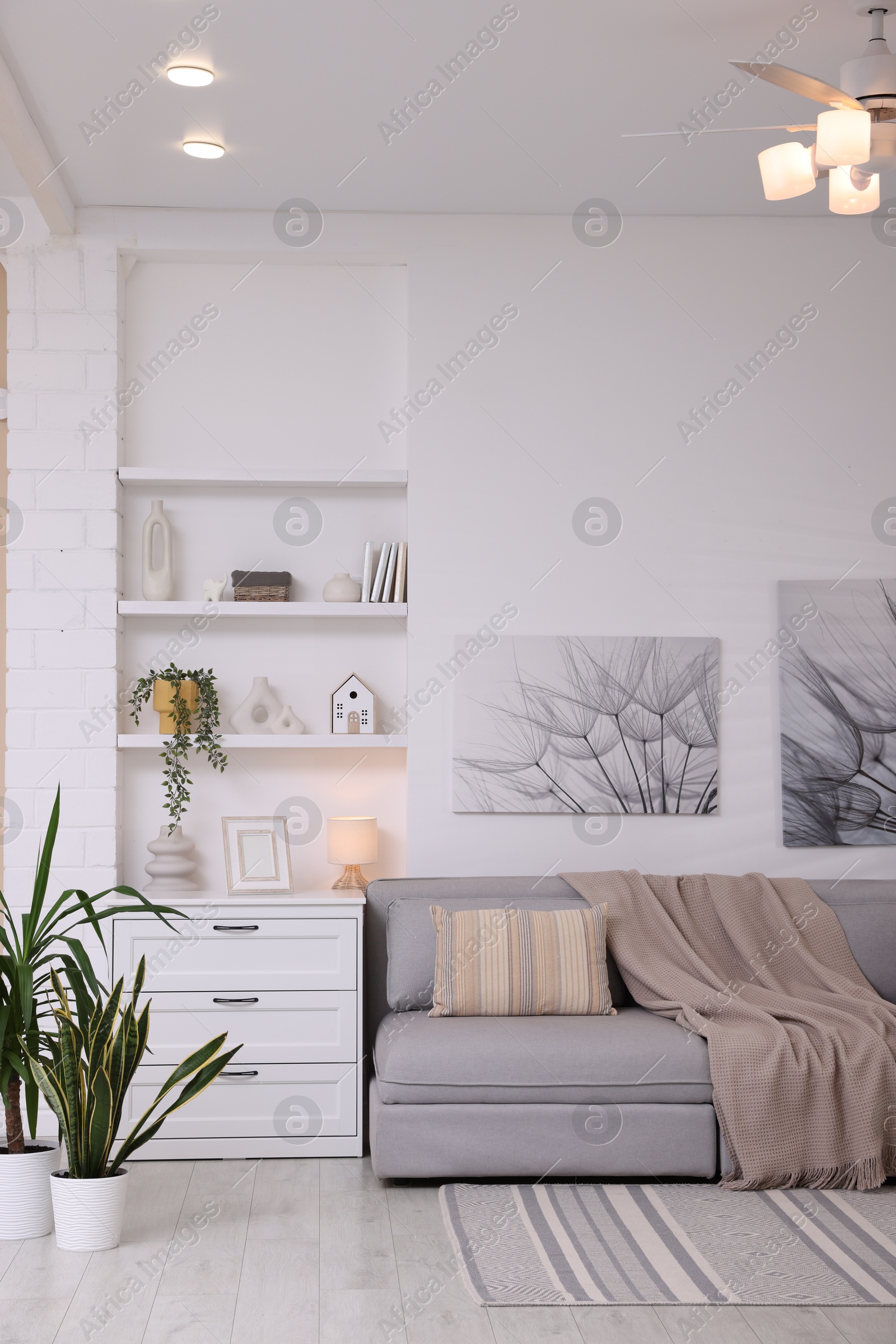 Photo of Comfortable sofa, houseplants and decorative elements in living room. Interior design