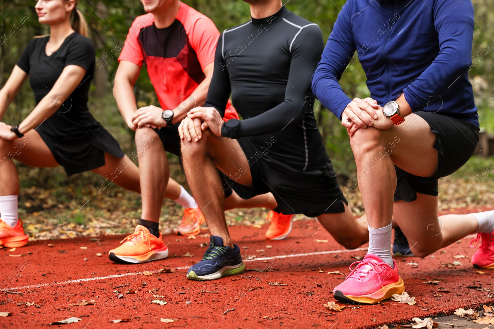 Photo of Group of people stretching in park, closeup