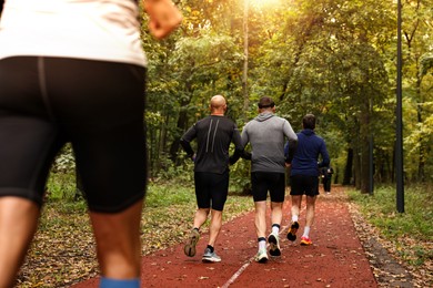 Photo of Group of people jogging together in park, back view