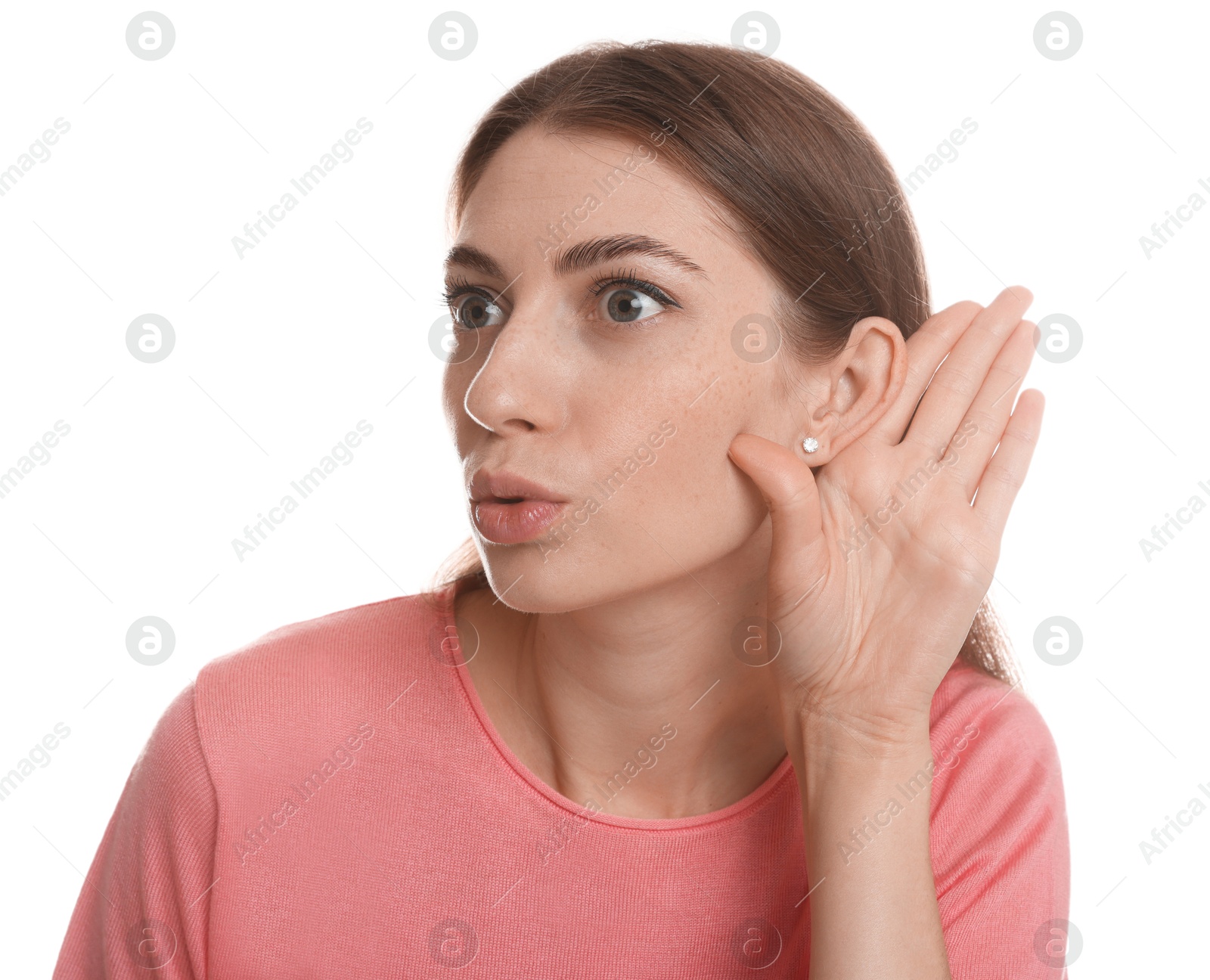 Photo of Woman showing hand to ear gesture on white background