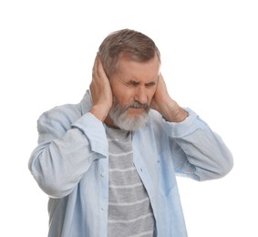 Photo of Senior man covering his ears on white background