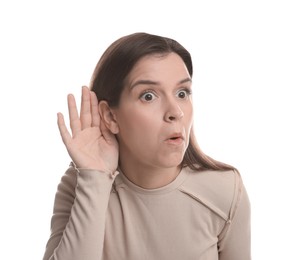 Photo of Woman showing hand to ear gesture on white background