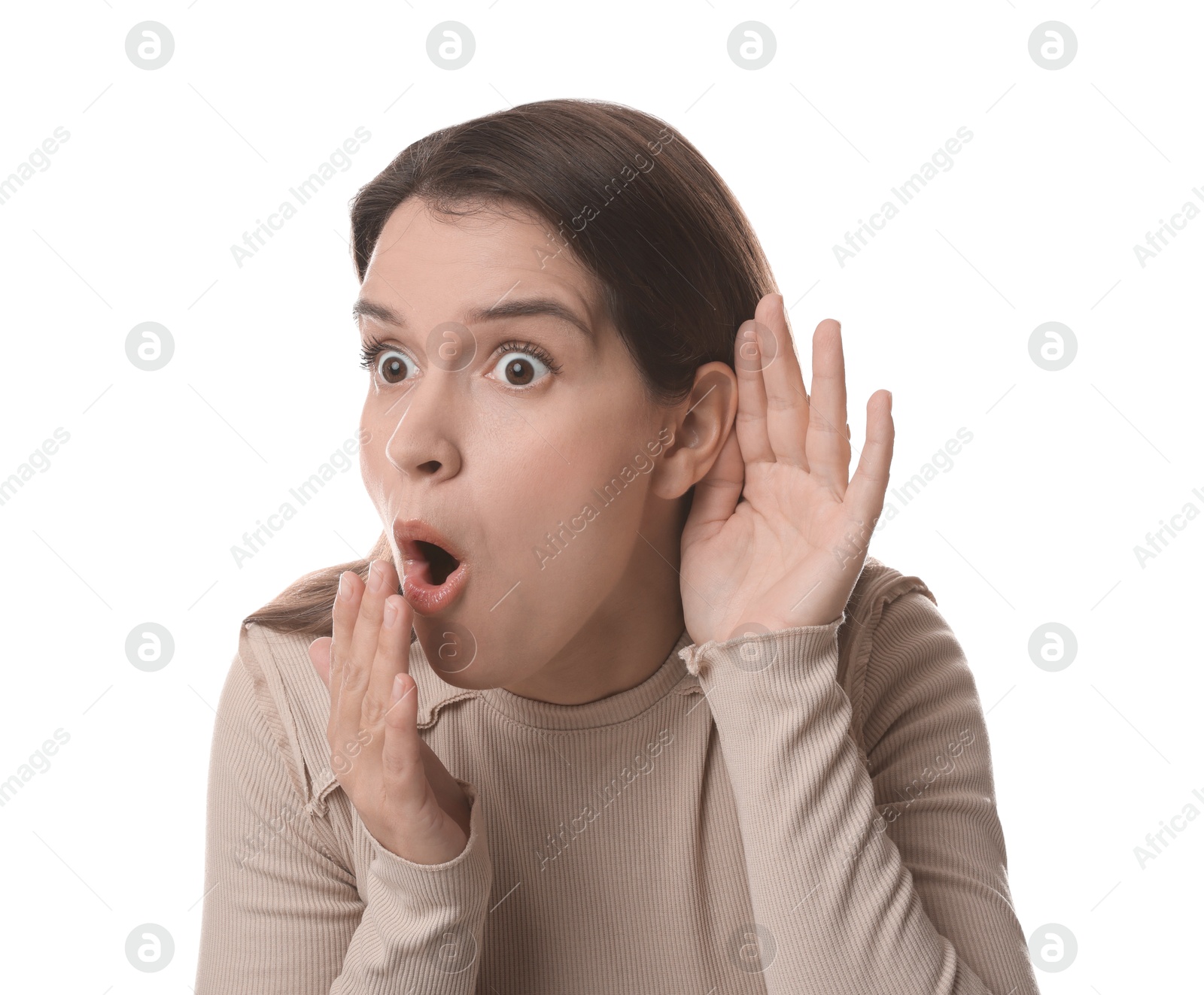 Photo of Woman showing hand to ear gesture on white background