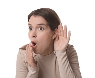 Photo of Woman showing hand to ear gesture on white background