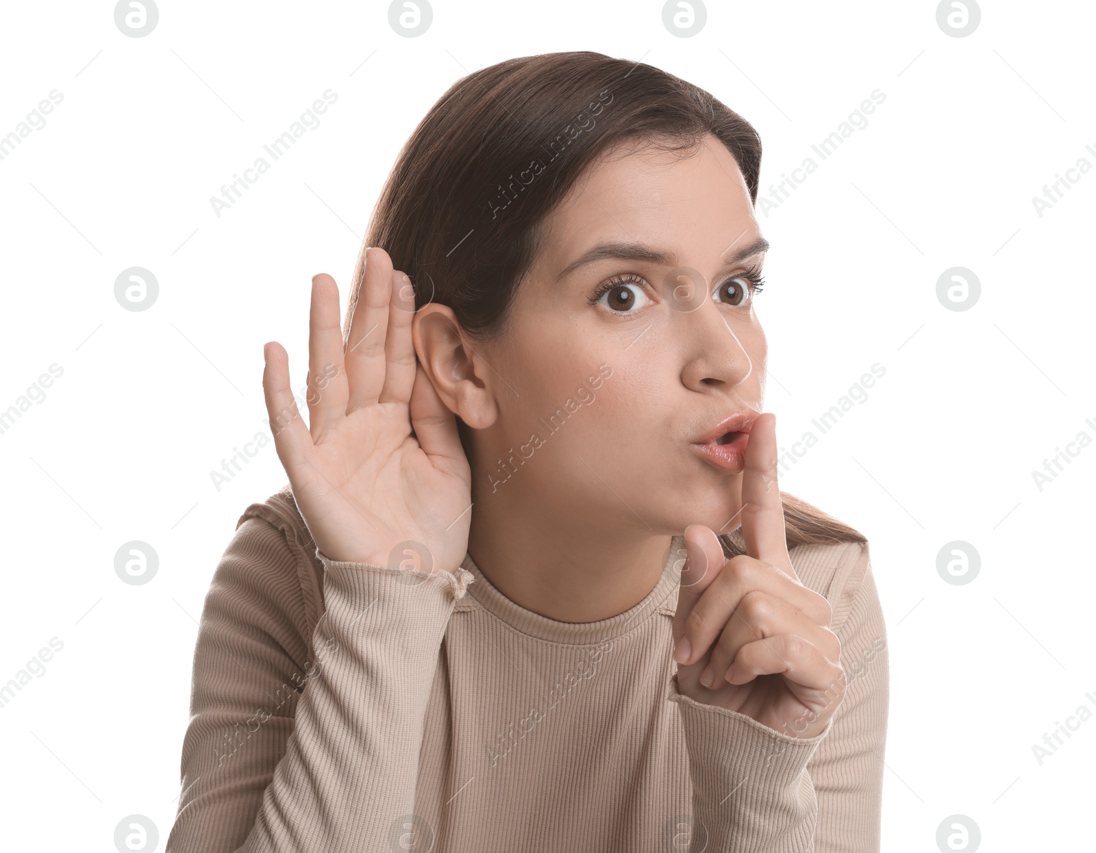 Photo of Woman showing hand to ear gesture on white background