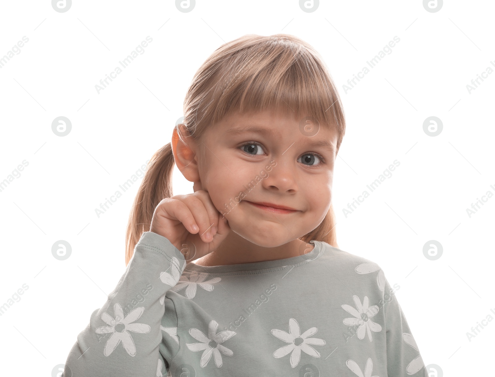 Photo of Little girl showing hand to ear gesture on white background