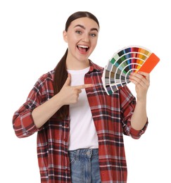 Photo of Portrait of young decorator with color palettes on white background