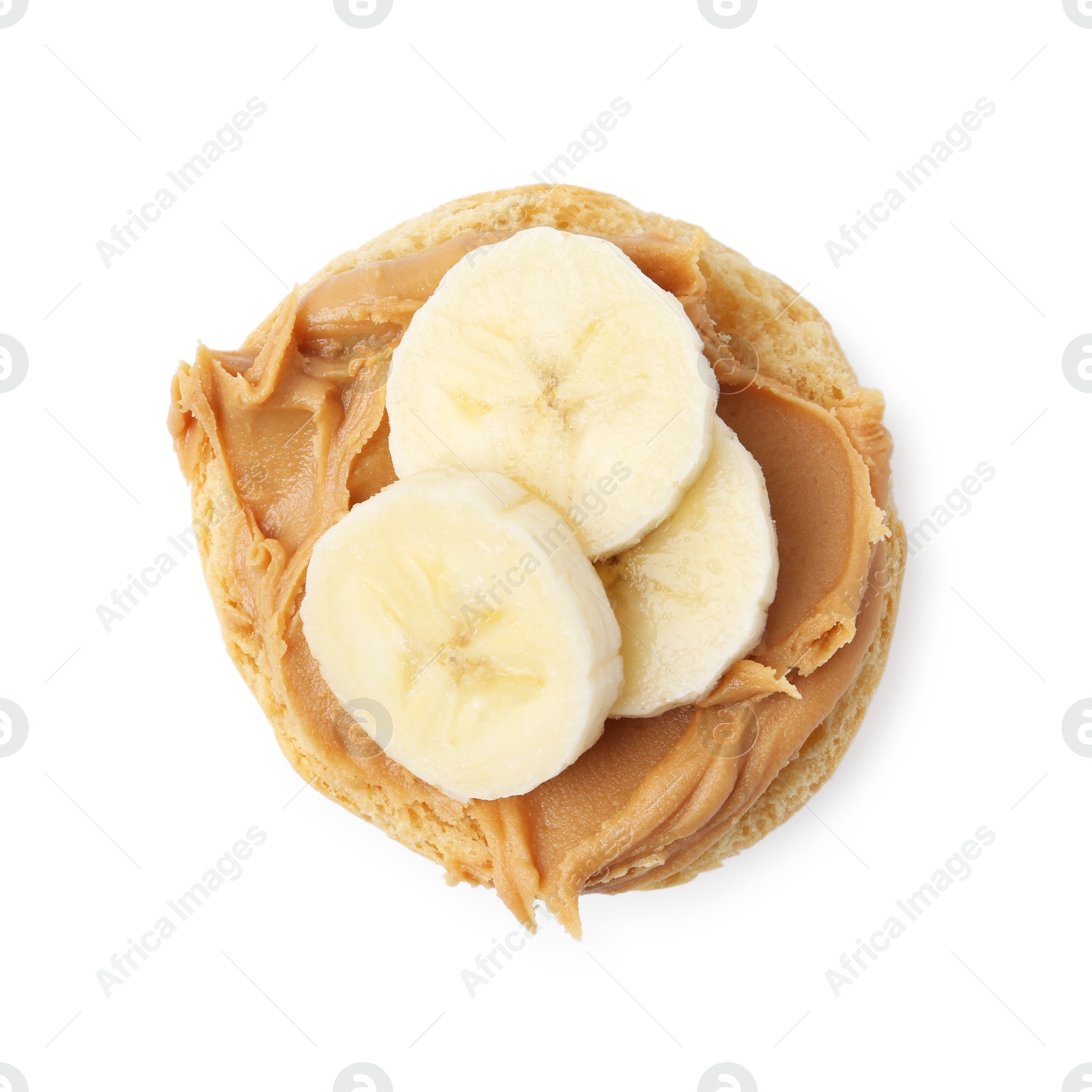 Photo of Tasty sandwich with peanut butter and banana isolated on white, top view