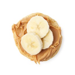 Photo of Tasty sandwich with peanut butter and banana isolated on white, top view