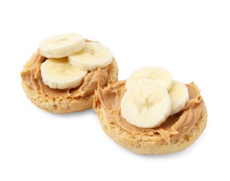 Photo of Tasty sandwiches with peanut butter and banana isolated on white