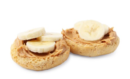 Photo of Tasty sandwiches with peanut butter and banana isolated on white