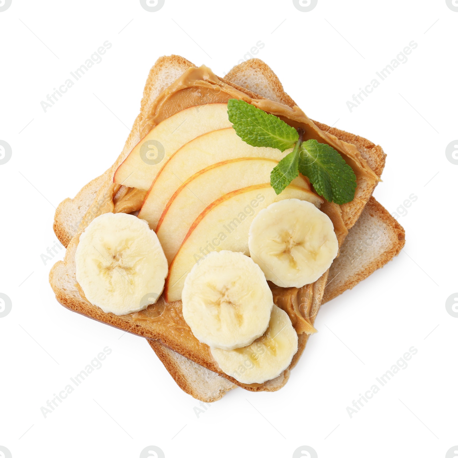 Photo of Tasty sandwich with peanut butter, apple, banana and mint isolated on white, top view