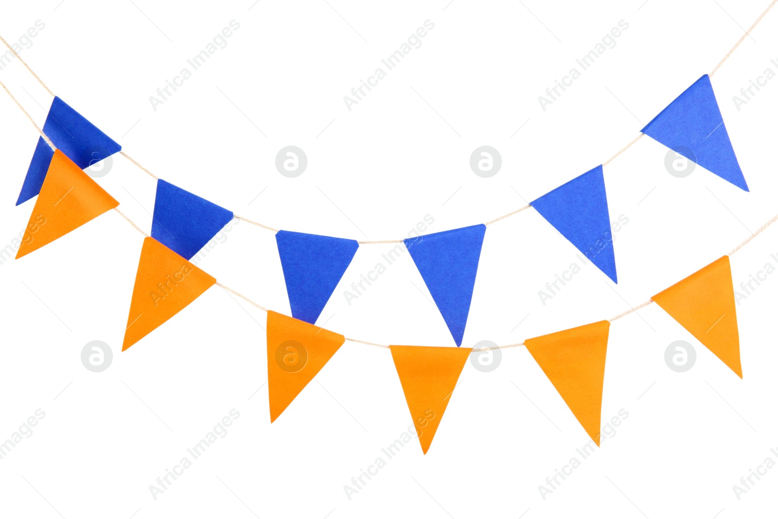 Photo of Colorful party flags isolated on white. Festive decor