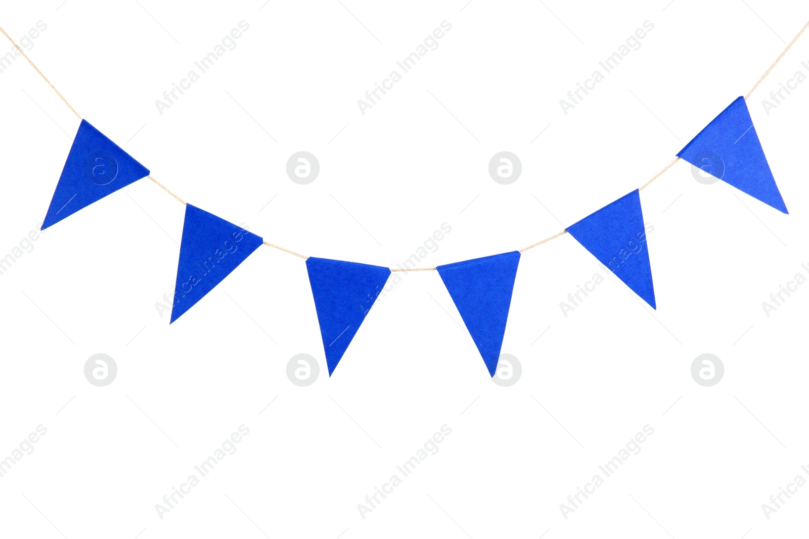 Blue party flags isolated on white. Festive decor Photo of Blue party flags isolated on white. Festive decor