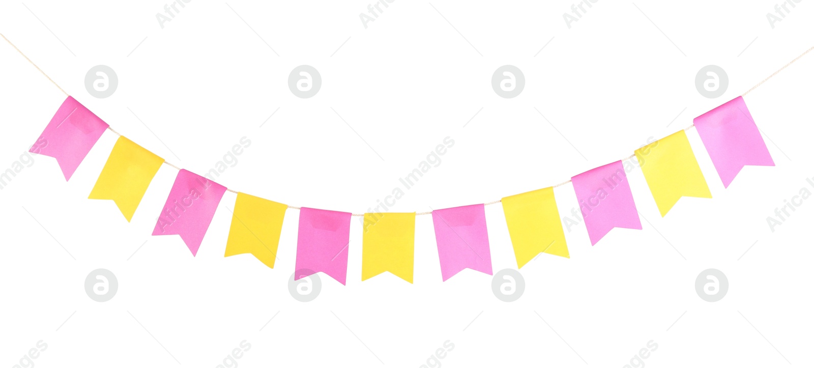 Photo of Colorful party flags isolated on white. Festive decor