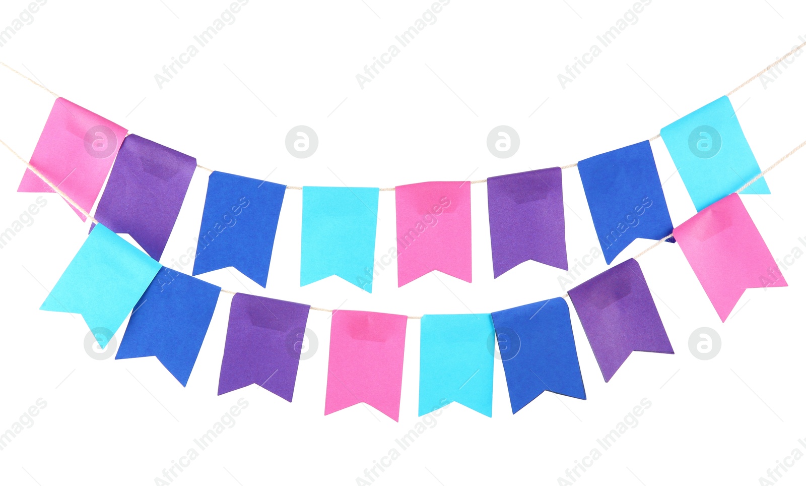 Colorful party flags isolated on white. Festive decor Photo of Colorful party flags isolated on white. Festive decor