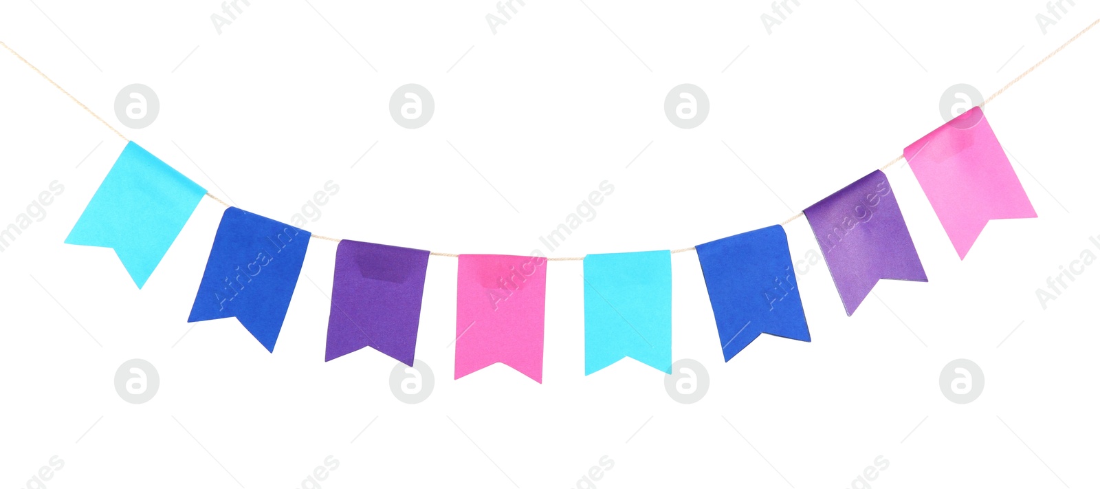 Photo of Colorful party flags isolated on white. Festive decor