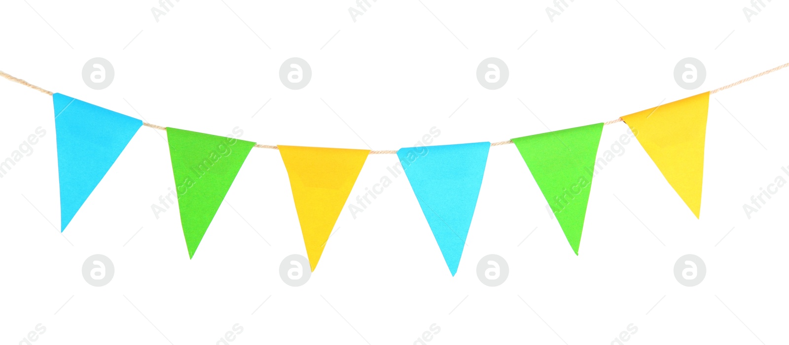 Photo of Colorful party flags isolated on white. Festive decor