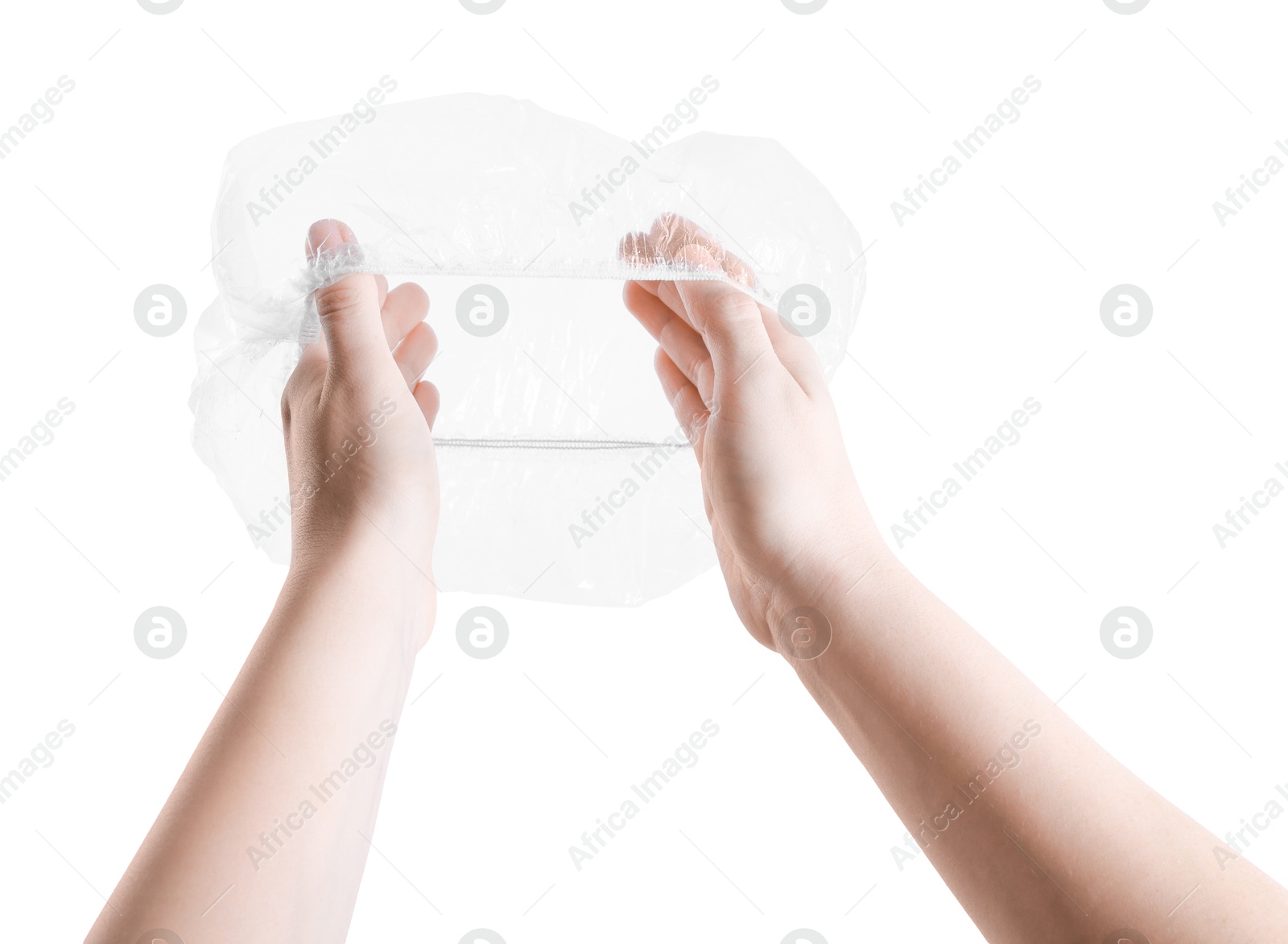 Photo of Woman with shower cap on white background, closeup