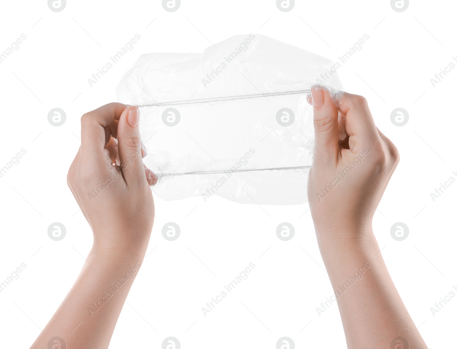 Photo of Woman with shower cap on white background, closeup