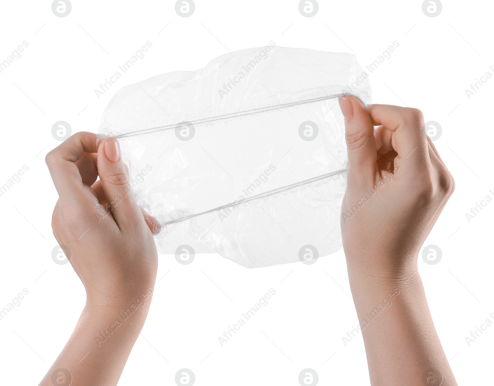 Photo of Woman with shower cap on white background, closeup