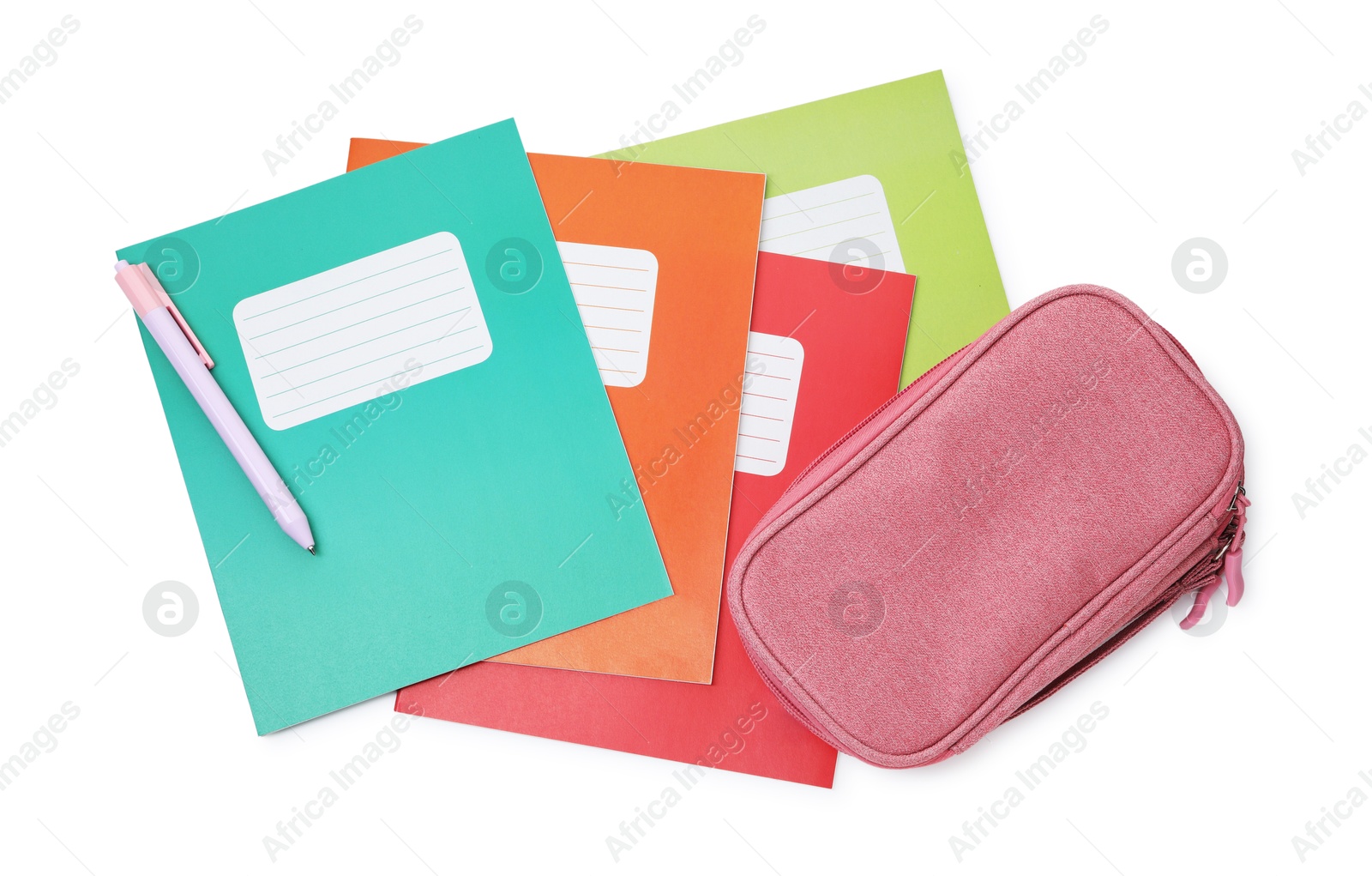 Photo of Colorful copybooks, pencil case and pen isolated on white, top view. School stationery