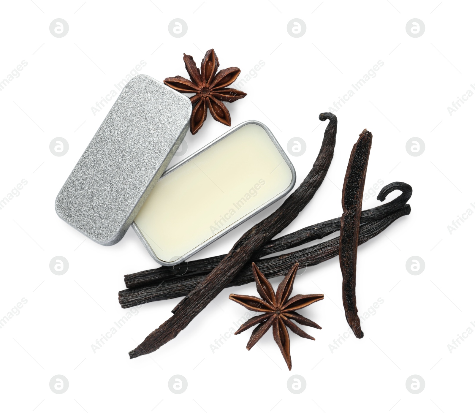 Photo of Natural solid perfume, vanilla pods and anise stars isolated on white, top view