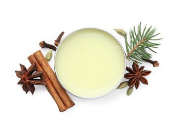 Photo of Natural solid perfume, fir twig and condiments isolated on white, top view