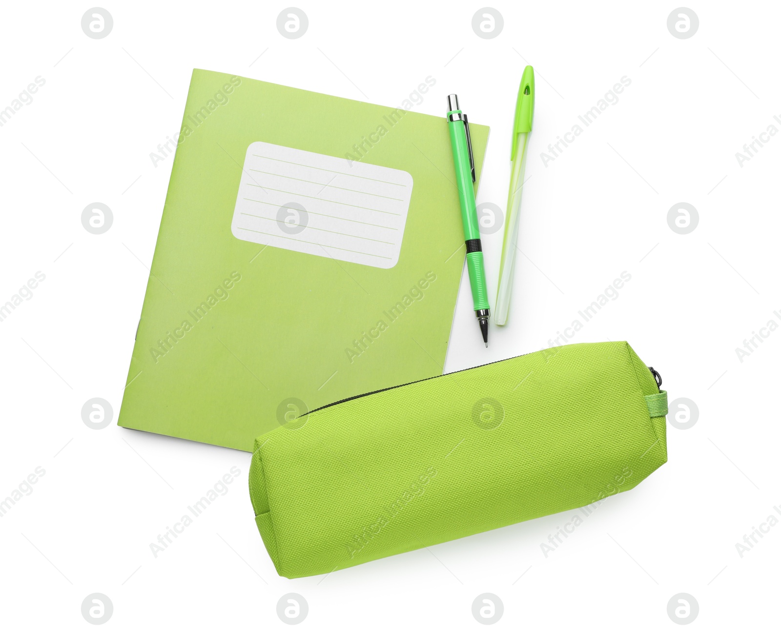 Photo of Copybook, pencil case and pens on white background, top view