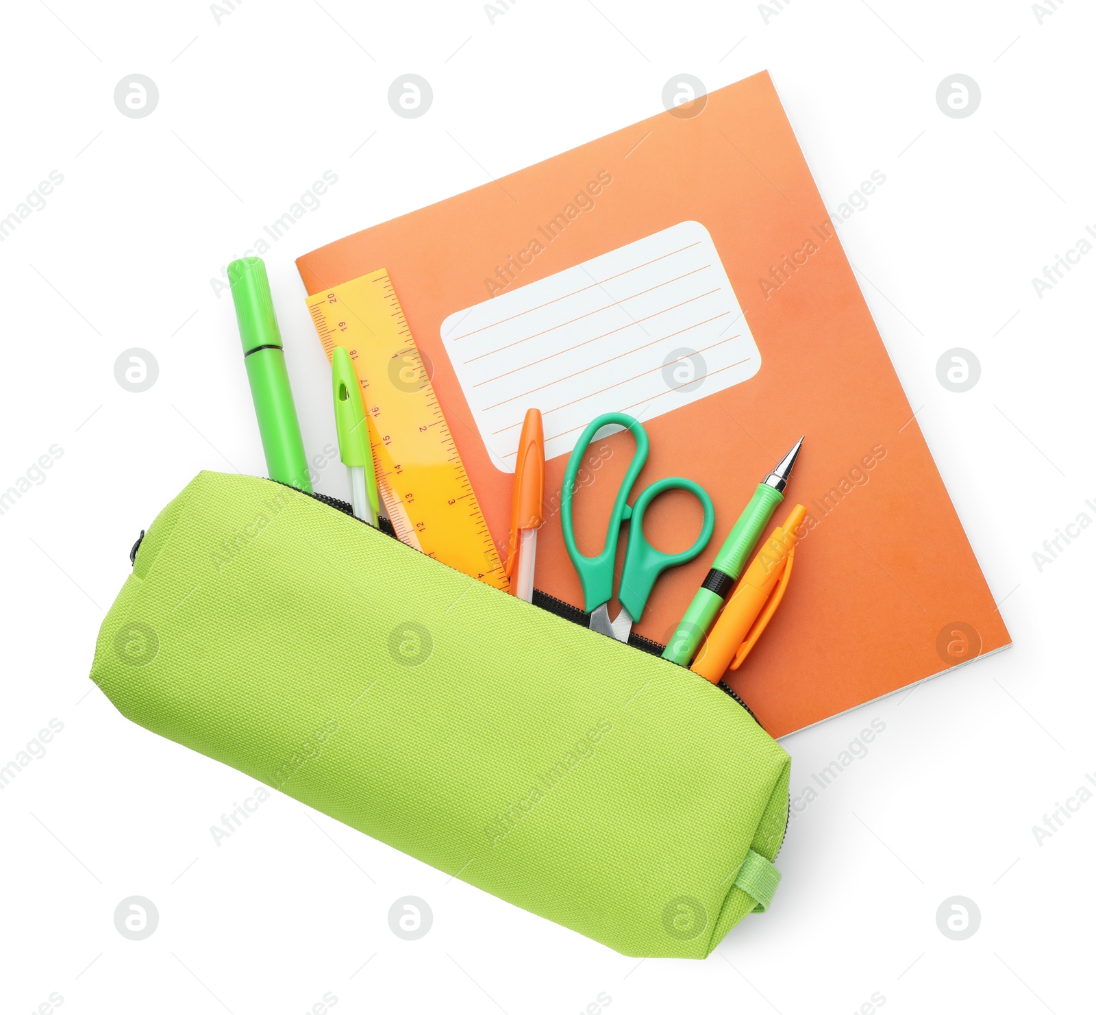 Photo of Copybook and other school stationery on white background, top view