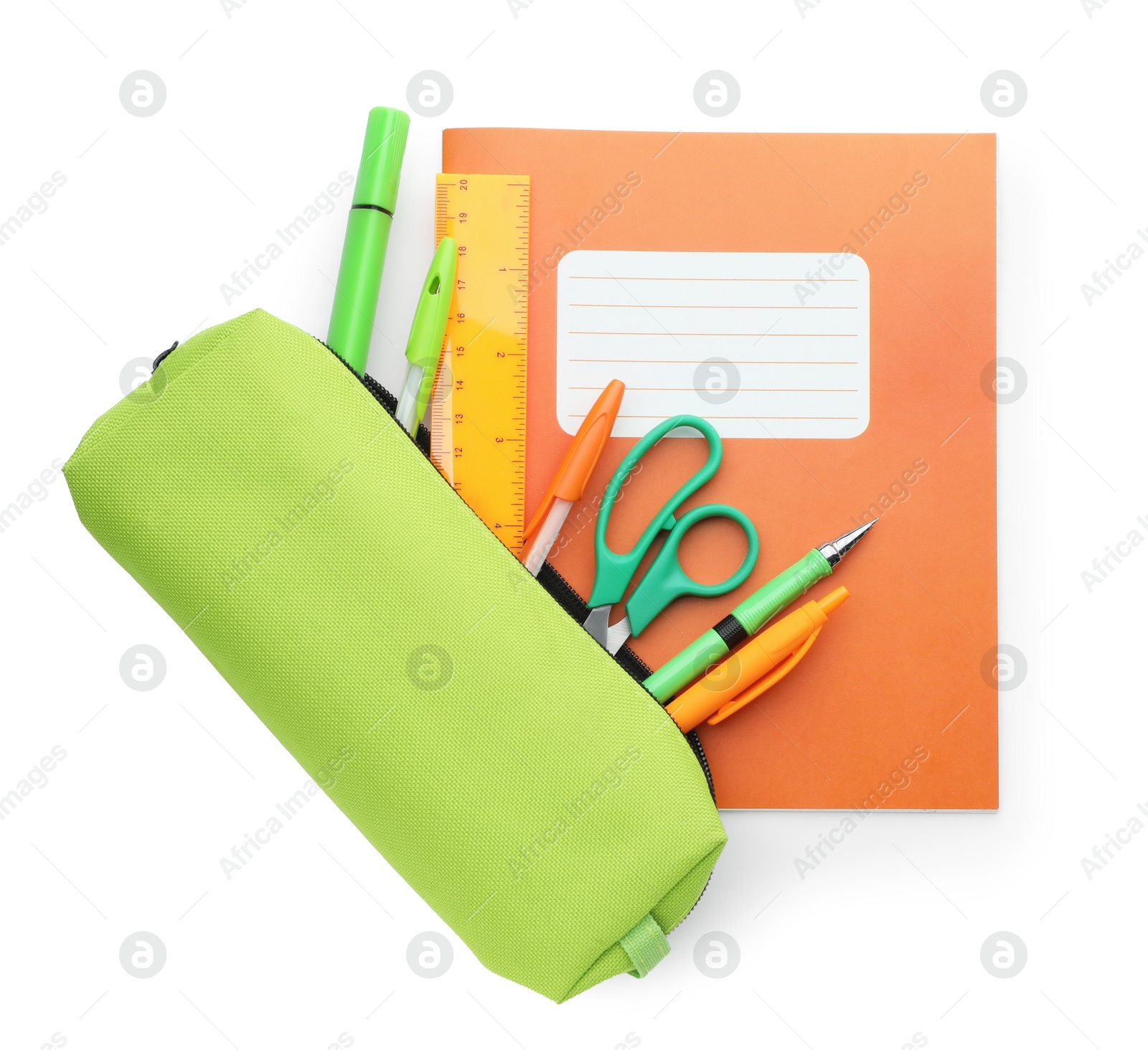 Photo of Copybook and other school stationery on white background, top view