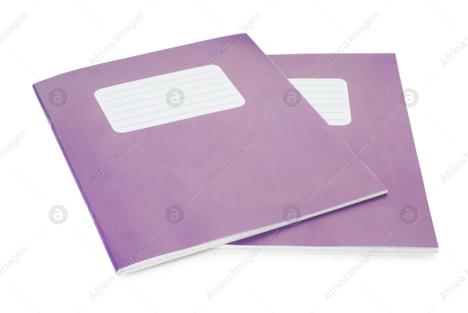 Photo of Two purple copybooks isolated on white. School stationery