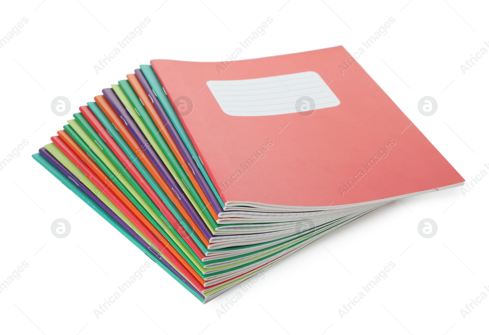 Photo of Stack of colorful copybooks isolated on white