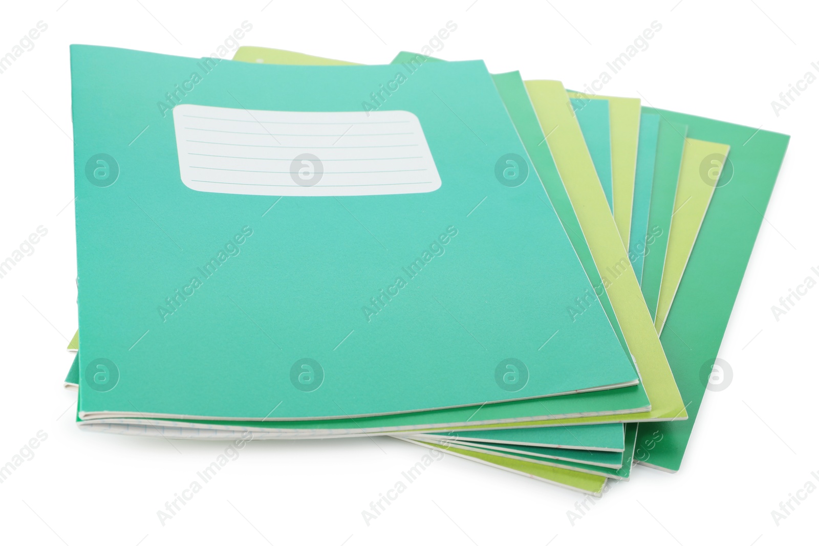 Photo of Stack of colorful copybooks isolated on white