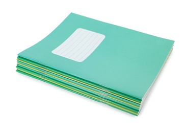 Photo of Stack of colorful copybooks isolated on white